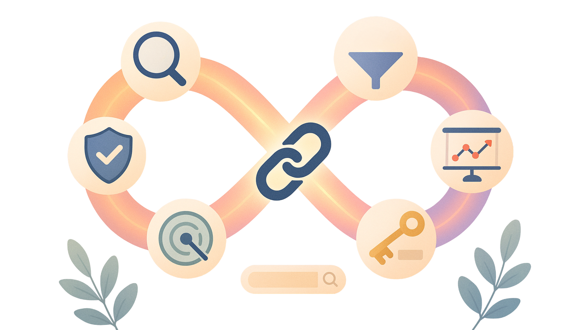 Extra Service – Current Link Profile Optimization illustration showing an infinity loop around a central chain link and six icons for backlink discovery, validation, quality filtering, referral traffic analysis, keyword alignment, and continuous monitoring—representing our ongoing optimization of existing backlinks.