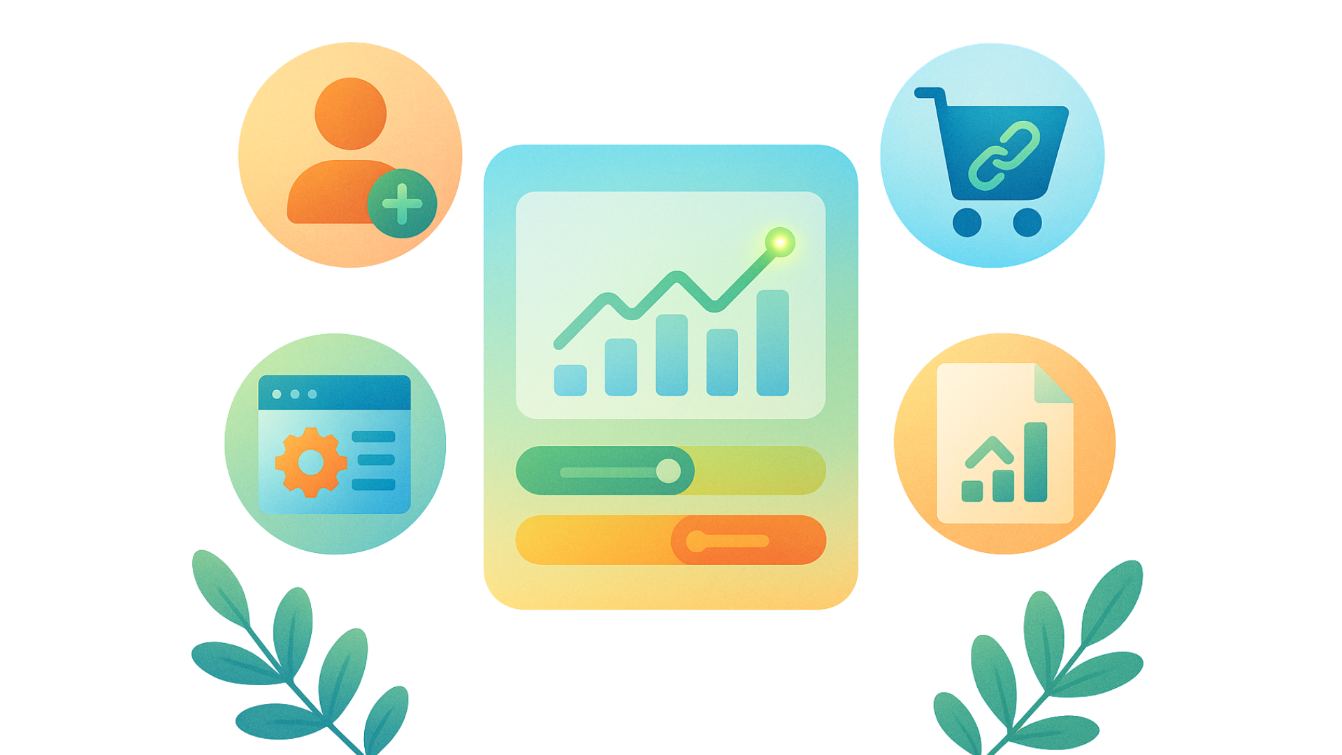 How to Use Our SEO Panel illustration showing a central analytics dashboard with rising chart, surrounded by icons for account signup, placing an order, settings, and receiving a full report—visual guide to register, order, and get results.