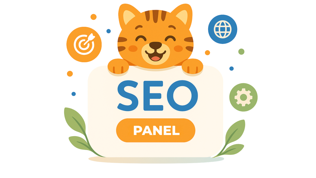 Welcome to SEO Panel illustration with a smiling cat mascot holding a SEO Panel sign and target, globe, gear icons. Signals low prices, white label, full reports, Google safe. Invites users to register free and claim 5 dollar credit